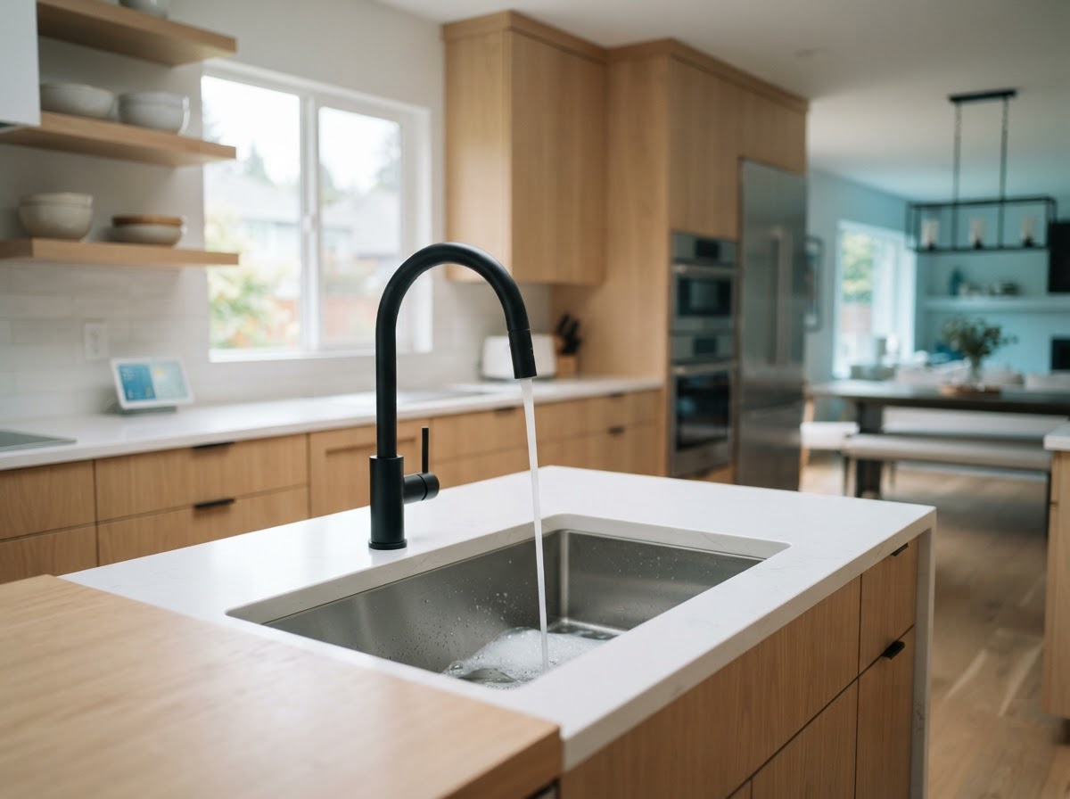 Crystal clear filtered water running from the faucet of a bright modern kitchen