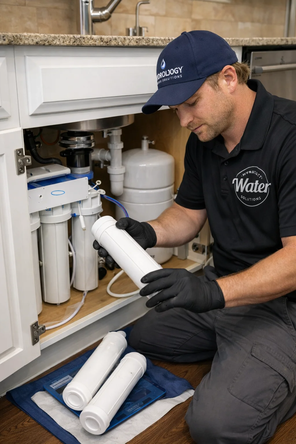 A Hydrology technician replacing under-sink reverse osmosis filter cartridges