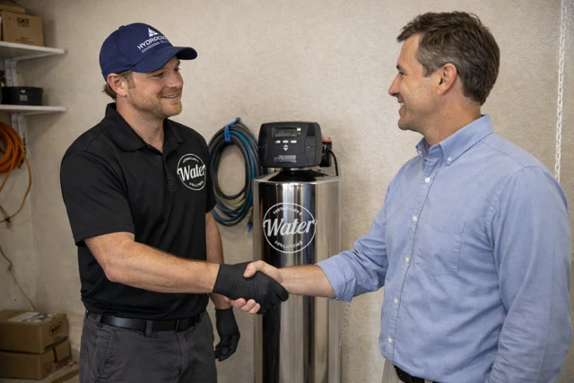 A Hydrology technician shaking hands with a homeowner beside a serviced filtration system