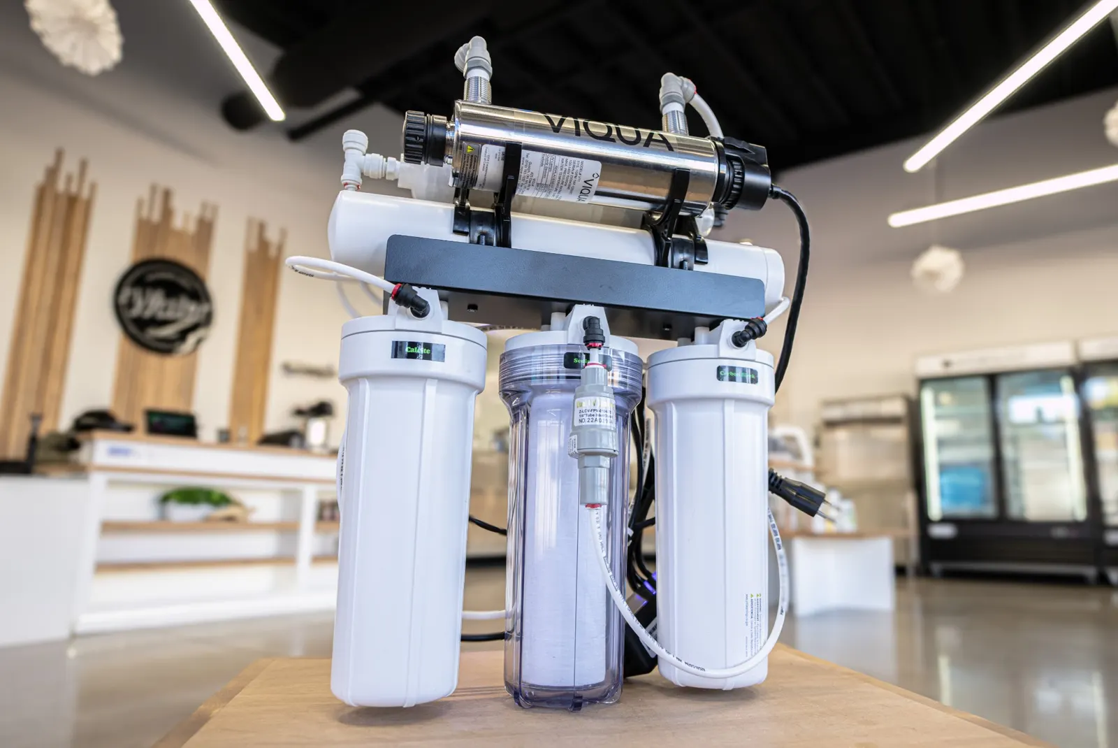 The Hydrology 9 stage RO alkaline drinking water system on display in the store