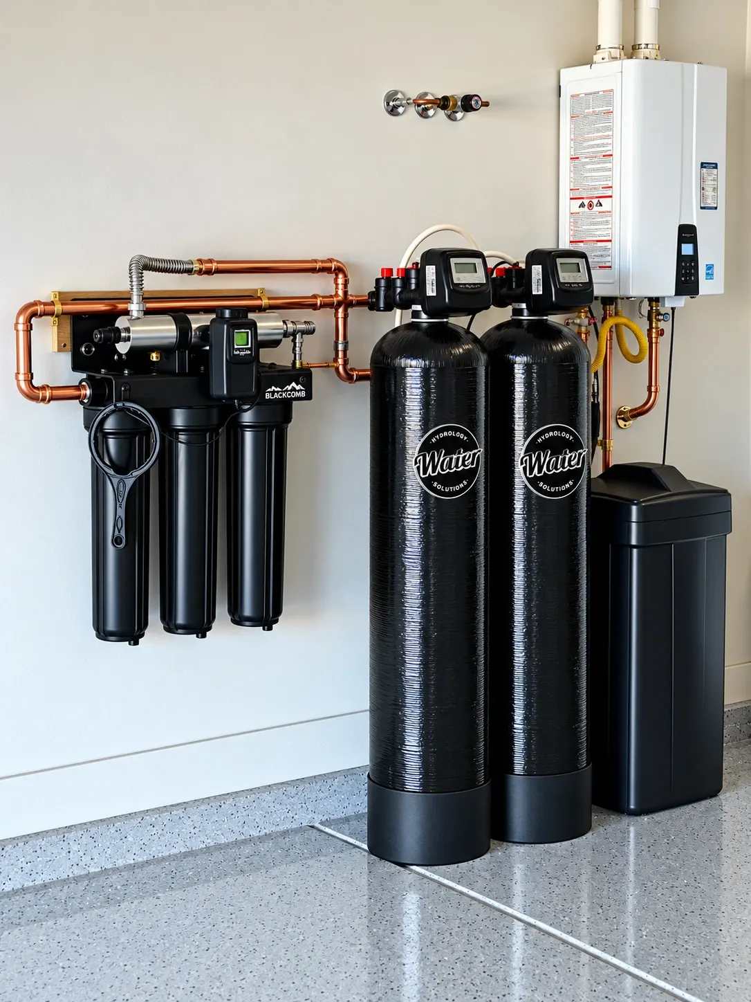A Hydrology dual-tank whole home filtration and UV system installed in a garage next to a tankless water heater