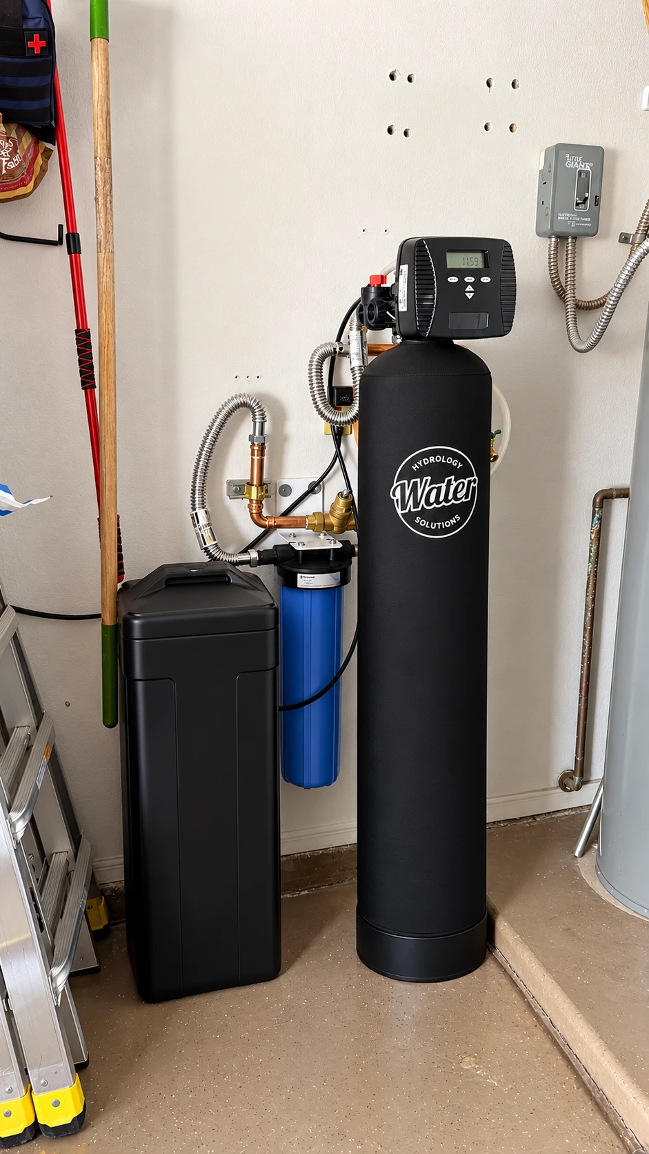 A Hydrology whole home filtration and UV system with a water softener installed in a garage