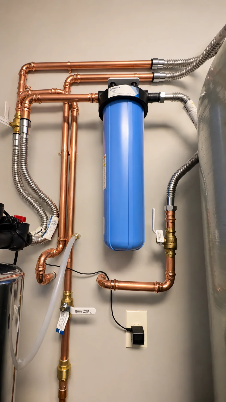Hydrology whole home water filtration installed with emergency backup water storage
