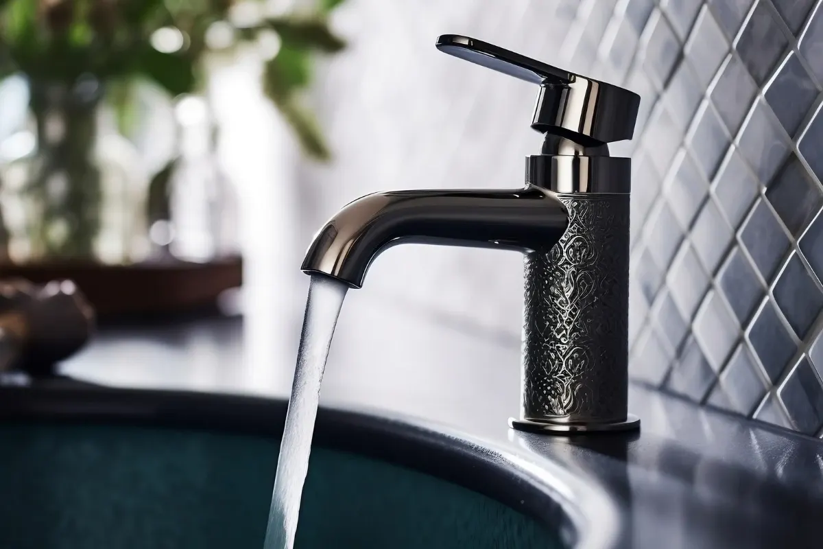Filtered water running from a modern bathroom faucet