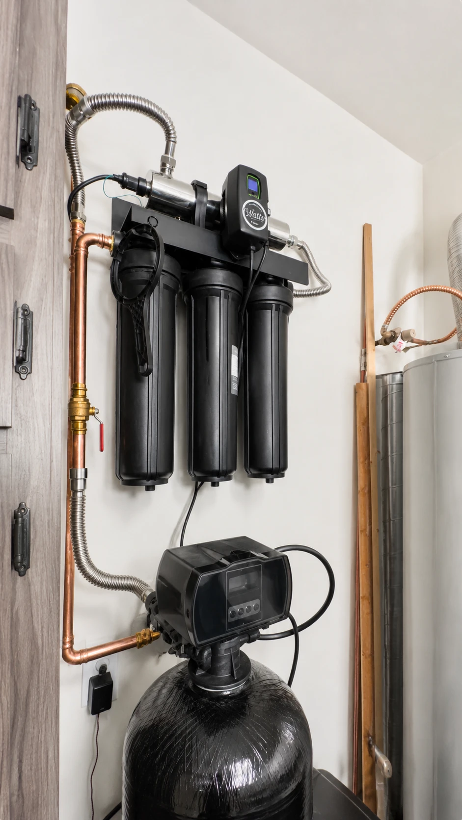 A Hydrology whole home filtration install: a wall-mounted three-stage filter and UV system above a water softener, plumbed in copper