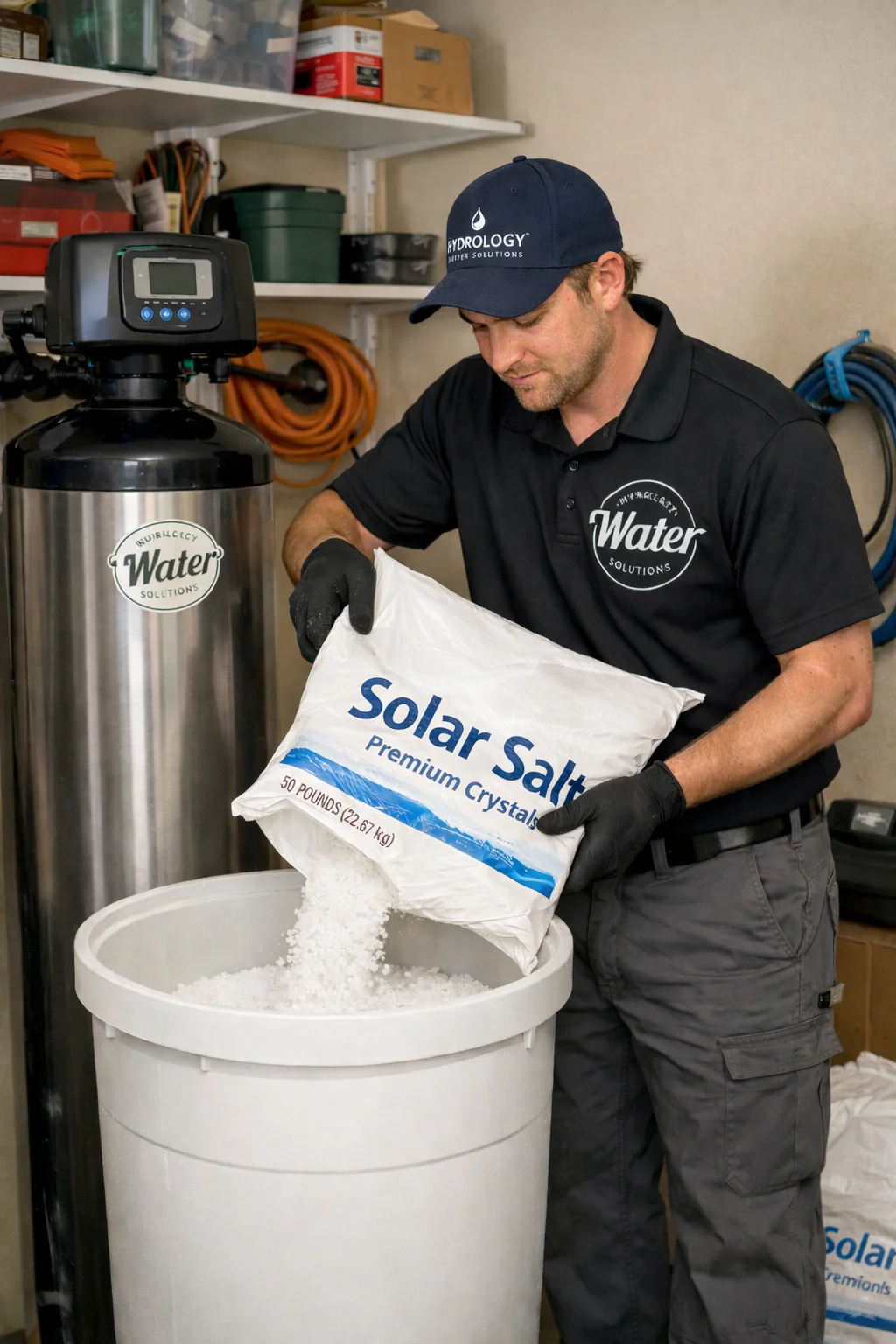A Hydrology technician pouring softener salt into a brine tank during a scheduled maintenance visit