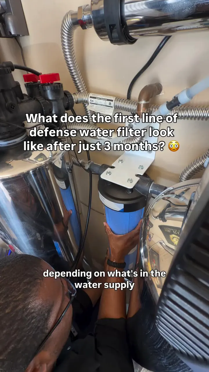 A technician pulling a whole home filter cartridge after three months of Arizona water